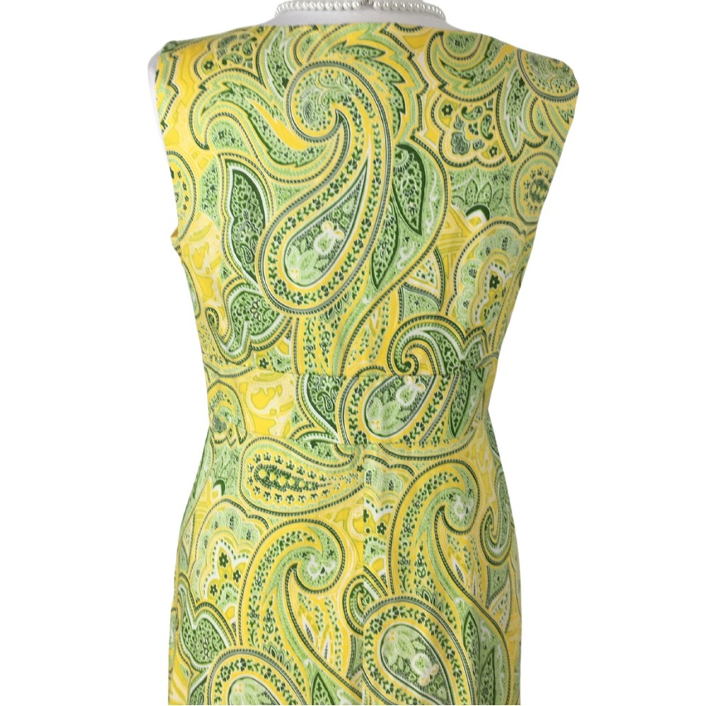 Spense Paisley Yellow and Green Cotton Surplice V-Neck Sleeveless Midi Dress 12 - Picture 10 of 16